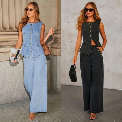 Wide-Leg Denim Two Piece Suit