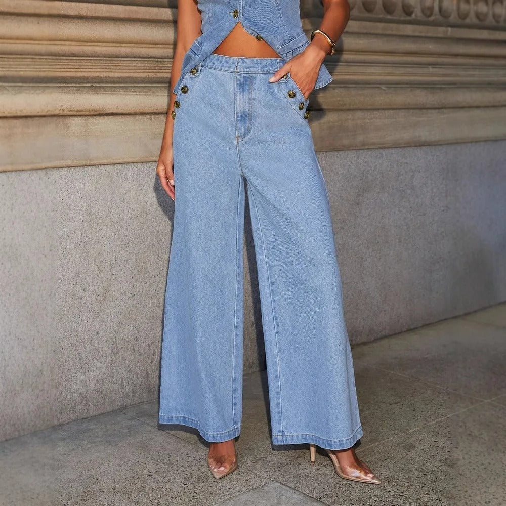 Wide-Leg Denim Two Piece Suit
